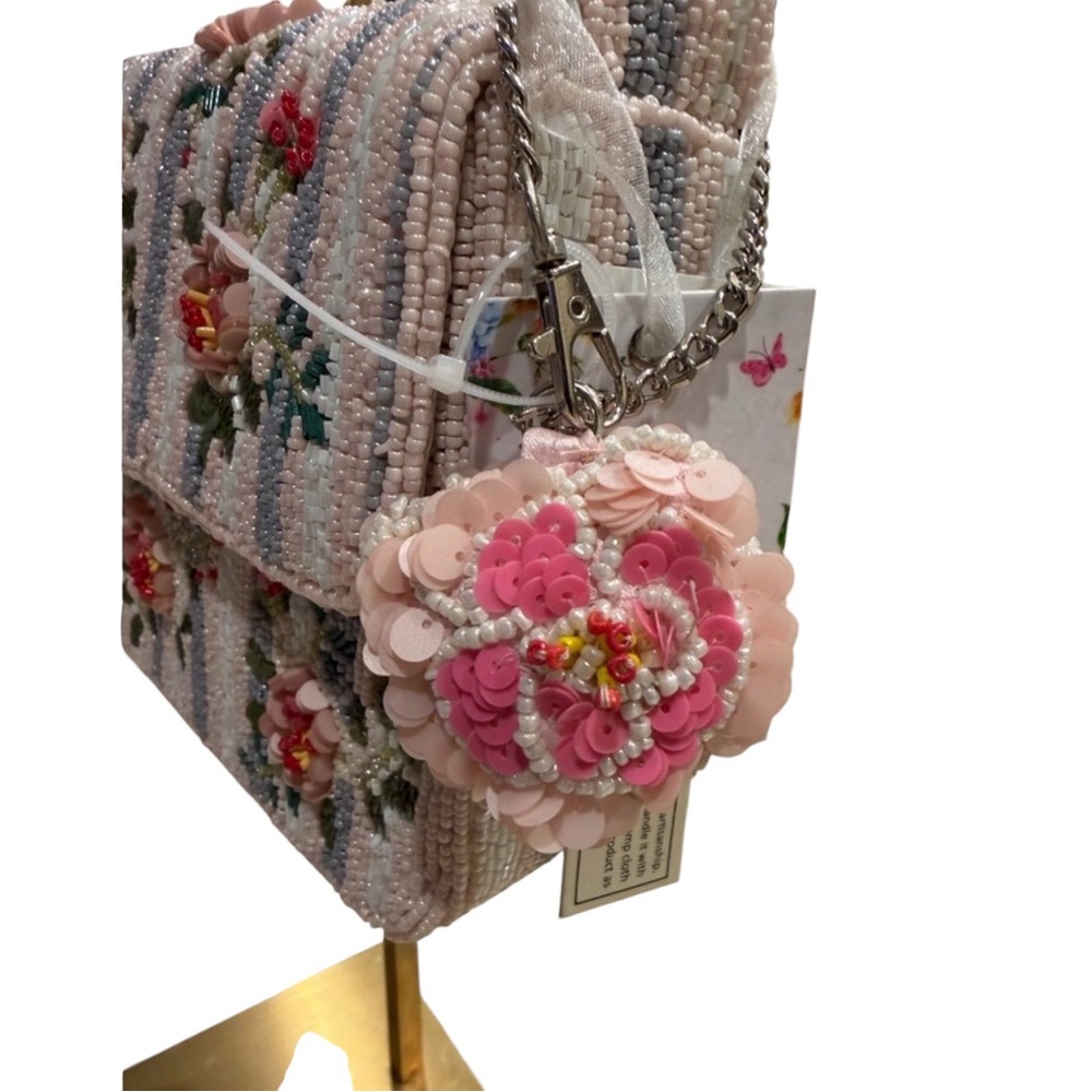 Handcrafted in India Beaded Pink Floral Shoulder Bag with bag charm - Picture 4 of 6